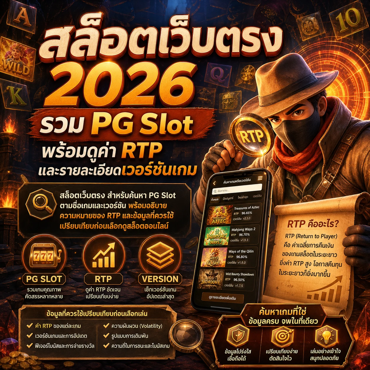 ภาพประกอบแค็ตตาล็อก PG Slot สำหรับดูชื่อเกม เวอร์ชัน และค่า RTP